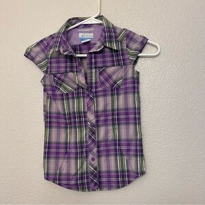 Columbia girls Youth Purple plaid cap sleeve Omni Shade button snap shirt 6X